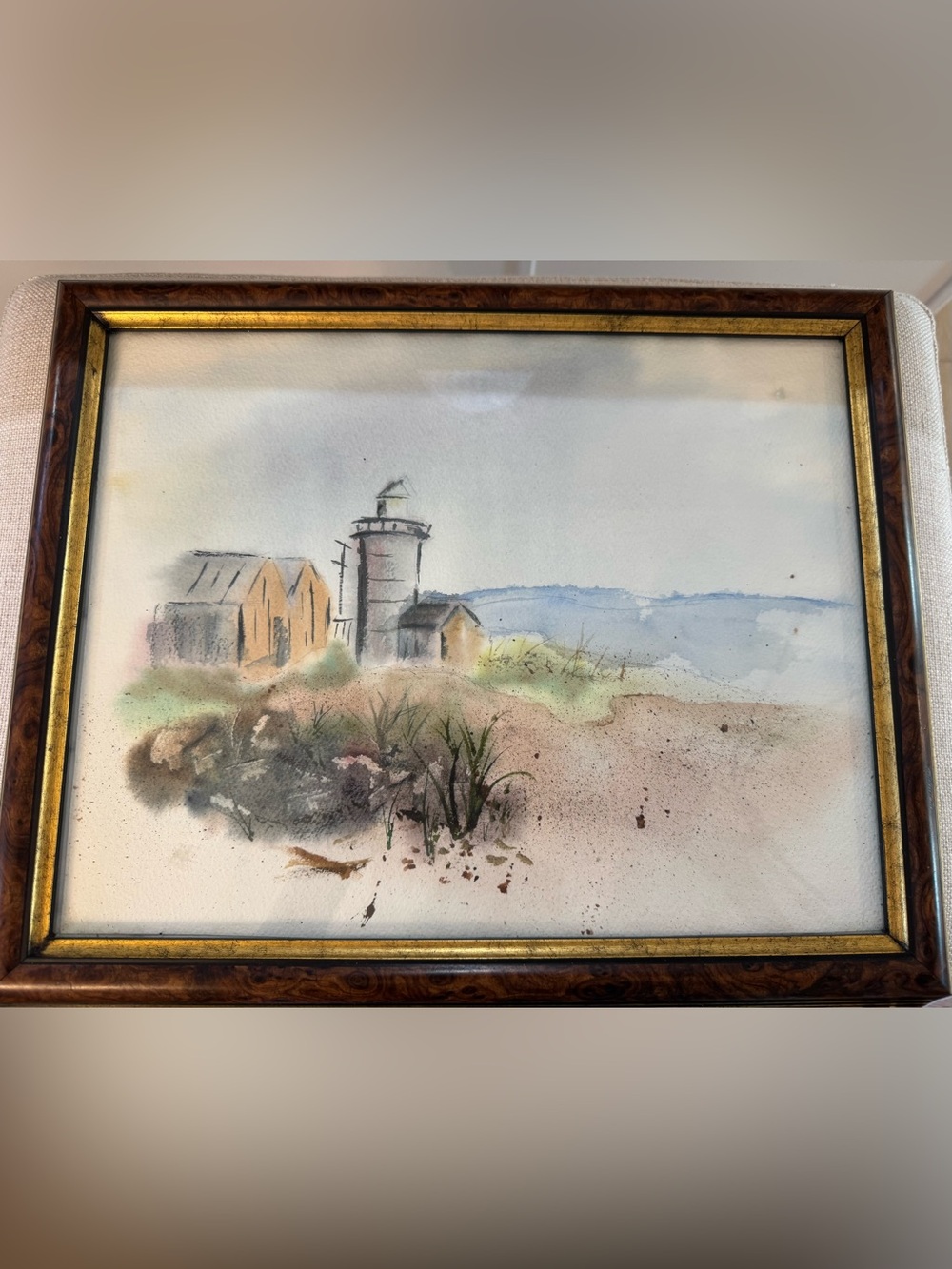 Original Beach Lighthouse Ocean Watercolor Artist J.L. Banson 1955 Frame 16x13”